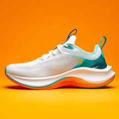 White athletic shoe with teal and orange accents on orange background running shoe