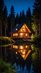 Fototapeta premium Illuminated log cabin nestled beside a tranquil lake, reflecting its warm lights in the still water under a starlit night sky