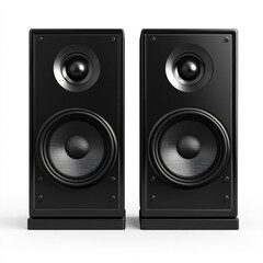 Fototapeta premium Two black stereo speakers with silver tweeters and textured woofers audio sound