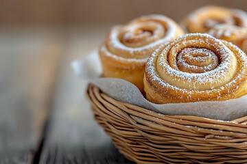 Fresh cinnamon rolls dusted with powdered sugar served in rustic wicker basket on wooden table, selective focus creates appetizing bakery atmosphere.