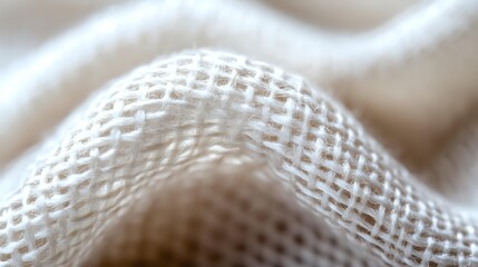 Extreme close up of white linen fabric texture showing detailed woven pattern and fibers in soft natural lighting, creating gentle curves and shadows for textile design.
