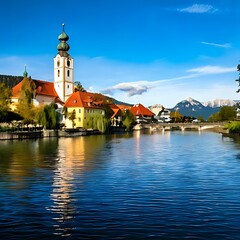 Obraz premium Picturesque town by a river, mountains in the background