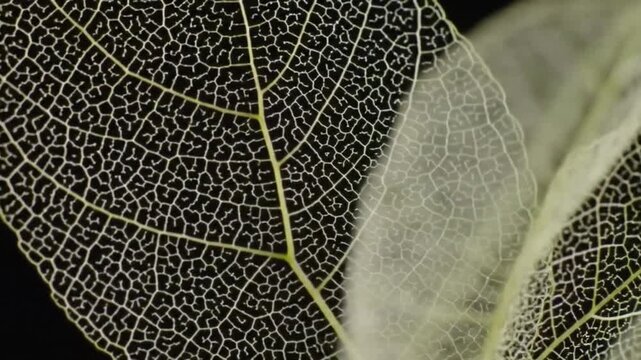 Intricate details of a translucent skeleton leaf showcasing its delicate vein structure against a dark background.