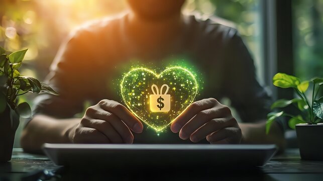 Glowing green heart with zodiac Aries symbol floating between hands at desk with houseplants and sunlight, magical fantasy concept for astrology and horoscope readings.