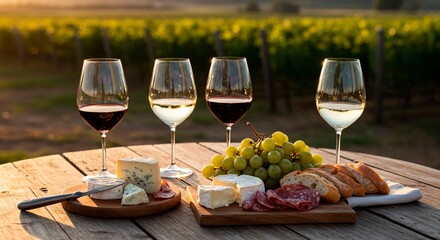 Glasses of red and white wine with cheese grapes and bread on a wooden table in a vineyard setting