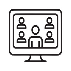 A desktop computer displaying a video conference with five participants in a simple line drawing style