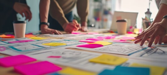 The collaborative workspace with sketches and colorful post-it notes.