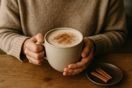 Cozy hands holding spiced latte.