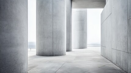 Fototapeta premium Modern architecture featuring cylindrical concrete columns and minimalist design, conveying strength, stability, and industrial aesthetic.