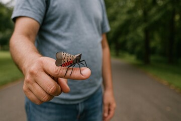 Spotted lanternfly on finger outdoors.