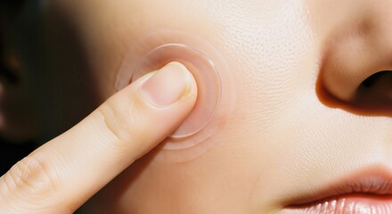 Naklejka premium Applying a hydrocolloid patch for acne treatment on the face.