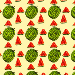 
Summer Watermelon Fruit Repeating Pattern Illustration. Fresh Watermelon Pattern for Summer Food Design. Seamless pattern of whole watermelons and red watermelon slices on light yellow background