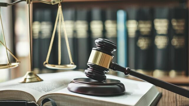 A close-up shot presents scales justice, gavel positioned on open book within lawyer's office, underscored by bookshelf brimming with law books in background