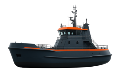 Icebreaker with a prominent navigational bridge and wide beam for stability