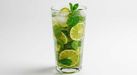 A refreshing mojito cocktail with lime slices and mint leaves in a tall glass on a white background