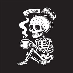 A cute cartoon skeleton illustration of a pirate skull with a face mask and crossbones