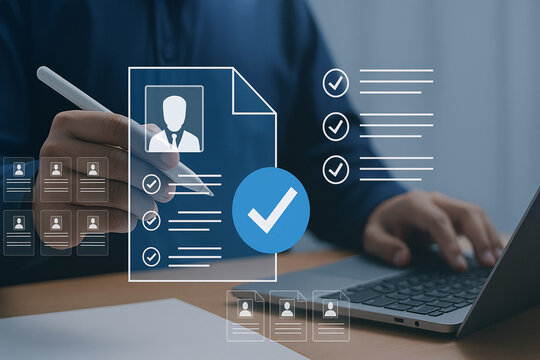 HR manager reviewing a candidate's online resume and approving the application. Concept of recruitment, talent acquisition, and digital hiring process. - Powered by Adobe