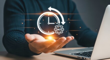24/7 service hands with holographic clock, gear and arrow showing constant customer support and availability