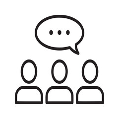 Three people with a speech bubble above them in a line art style on a white background simple design