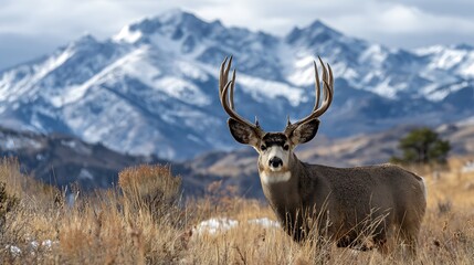 Majestic mule deer buck with large antlers stands proudly in a mountain meadow