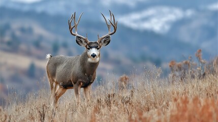 Majestic mule deer buck with large antlers standing proudly in a dry grass field