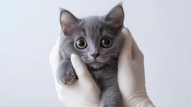 A fluffy, gray kitten with huge, curious eyes peers out from between gloved hands. The simple white backdrop highlights cat's soft fur, its captivating gaze. The cat's vulnerability is focus