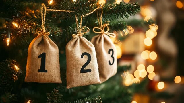 Three burlap bags with the numbers 1, 2, and 3 hang from the Christmas tree. The tree is decorated with warm lights, creating a festive atmosphere. The concept of the advent calendar