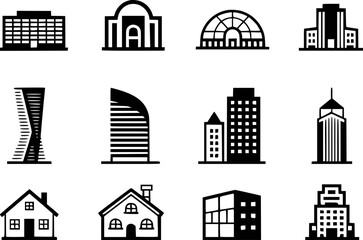 Diverse architectural building icons black and white architecture house