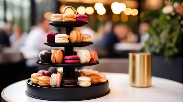 Elegant display of colorful macarons on a tiered stand in a bustling café setting with blurred patrons