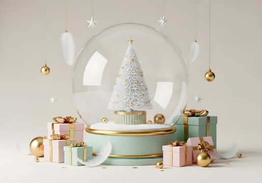 Festive christmas snow globe with gifts and ornaments