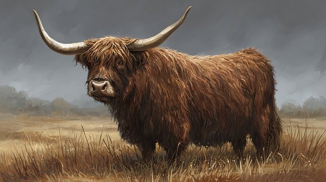 Majestic highland cow with long curved horns stands proudly in a misty scottish landscape