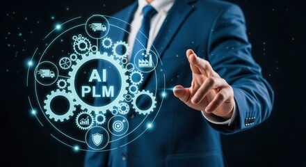 AI PLM Integration Concept: Business Professional Interacting with Product Lifecycle Management Technology Interface on Digital Display