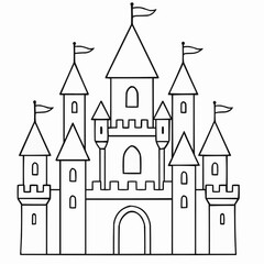 Cartoon castle illustration with towers and flags in outline style, children's coloring book  