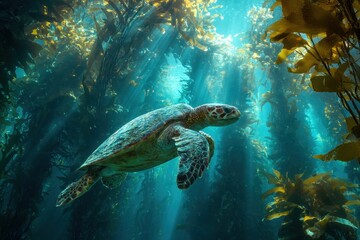 Sea turtle gliding through underwater kelp forest with sunlight filtering through the water