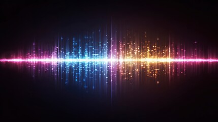 A luminous horizontal waveform pulses with vertical lines and dot accents radiating from a central axis in a dark background