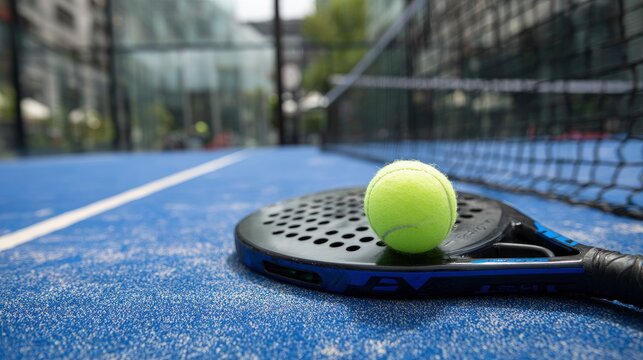 A lime tennis ball sits on a black paddle on a textured blue court in front of a black net