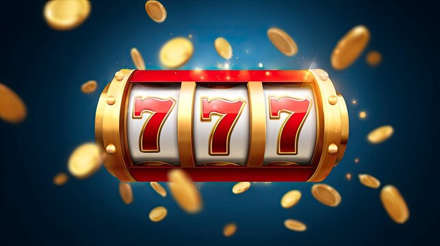 A slot machine showing a 777 jackpot amid flying gold coins against a gradient blue background
