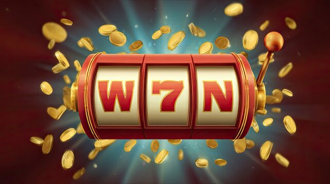 A slot machine displays W 7 N amidst falling coins bathed in bright light