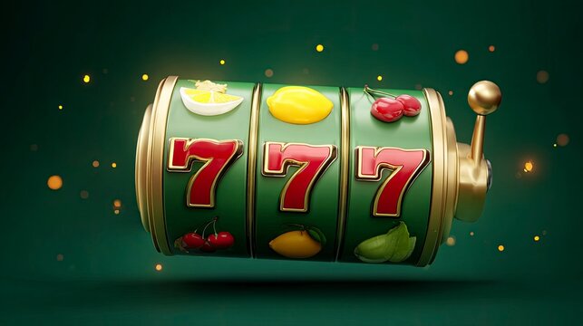 A slot machine with matching 7s on a green background with gold trim and a lever