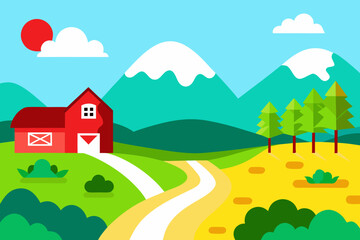Fototapeta premium A vibrant cartoon summer rural landscape with houses, green fields, and a bright blue sky