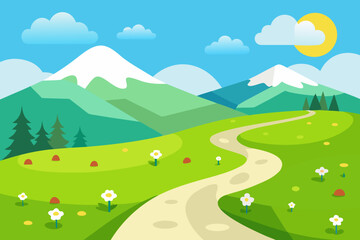 Obraz premium A summer mountain landscape with green hills, a blue sky, and a winding road through the countryside