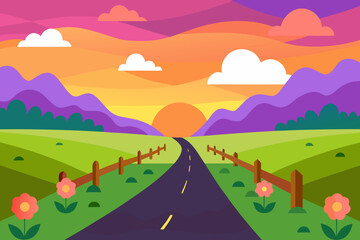 Obraz premium Landscape with green mountains and hills under a blue sky with summer clouds and a sun