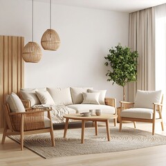Minimalist living room with light wood furniture, neutral tones, and natural elements