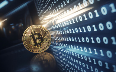 Golden Bitcoin Coin with Binary Code Background cryptocurrency