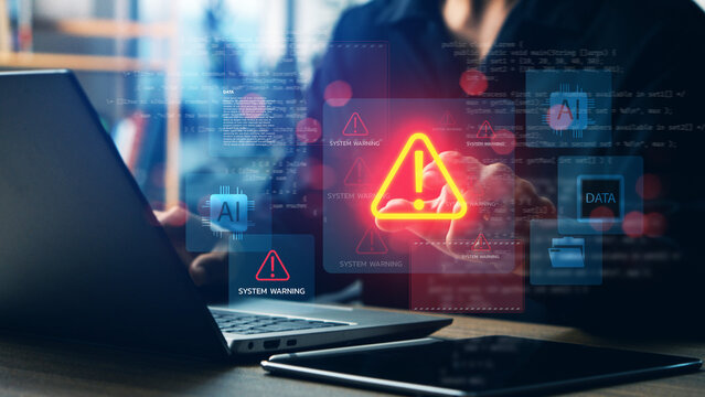 Cybersecurity system warning alert on laptop with AI and data icons, concept of artificial intelligence risks, data breach, malware attack, digital security, and technology protection.