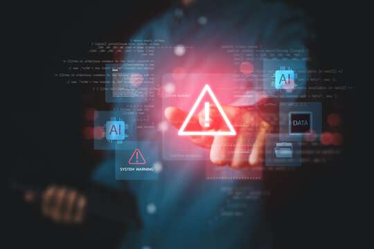 AI system warning alert with glowing red exclamation mark, concept of artificial intelligence risks, data security breach, malware attack, cybersecurity threat, and digital technology protection.