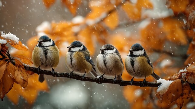 Four small birds huddle together on a branch amidst falling snow and autumn leaves