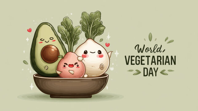 World vegetarian day celebrated with adorable fruit and vegetable characters in a charming illustration. - Powered by Adobe
