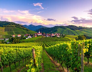 Fototapeta premium A beautiful vineyard village landscape, representing themes of nature, agriculture, travel, and wine.