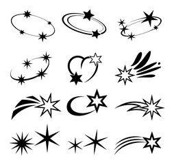Black starbursts and shooting stars on white background vector